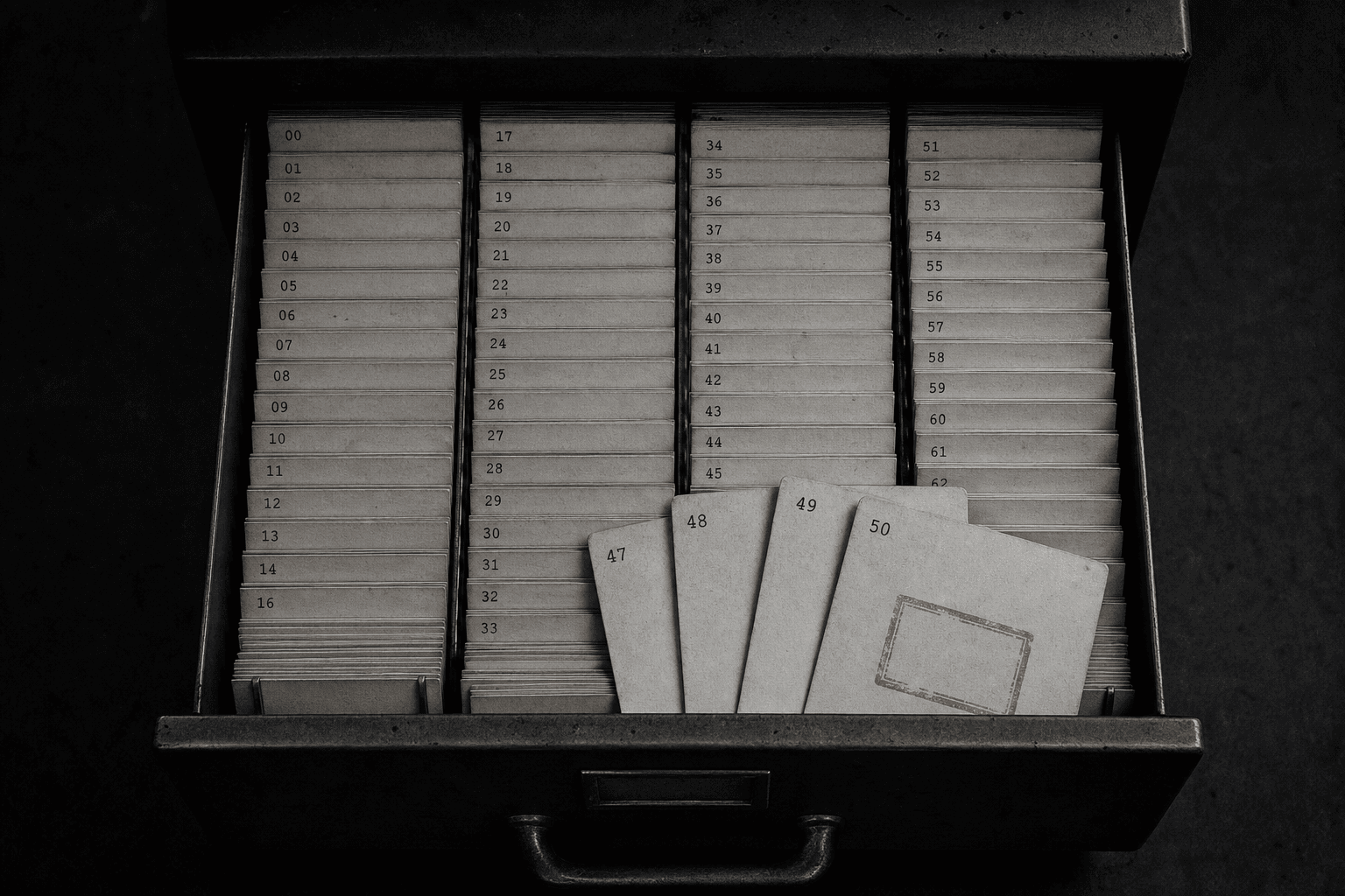 A steel card-index drawer of numbered hook cards, one stamped in red